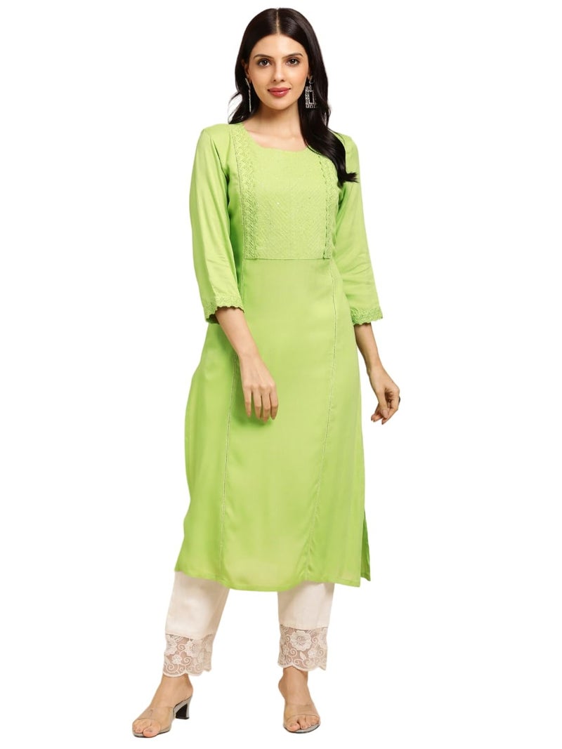 RATAN Women Rayon Straight Fit Sequins Embroidered Ethnic Wear Kurta (STR-1988-M_Light Green) - Image 1