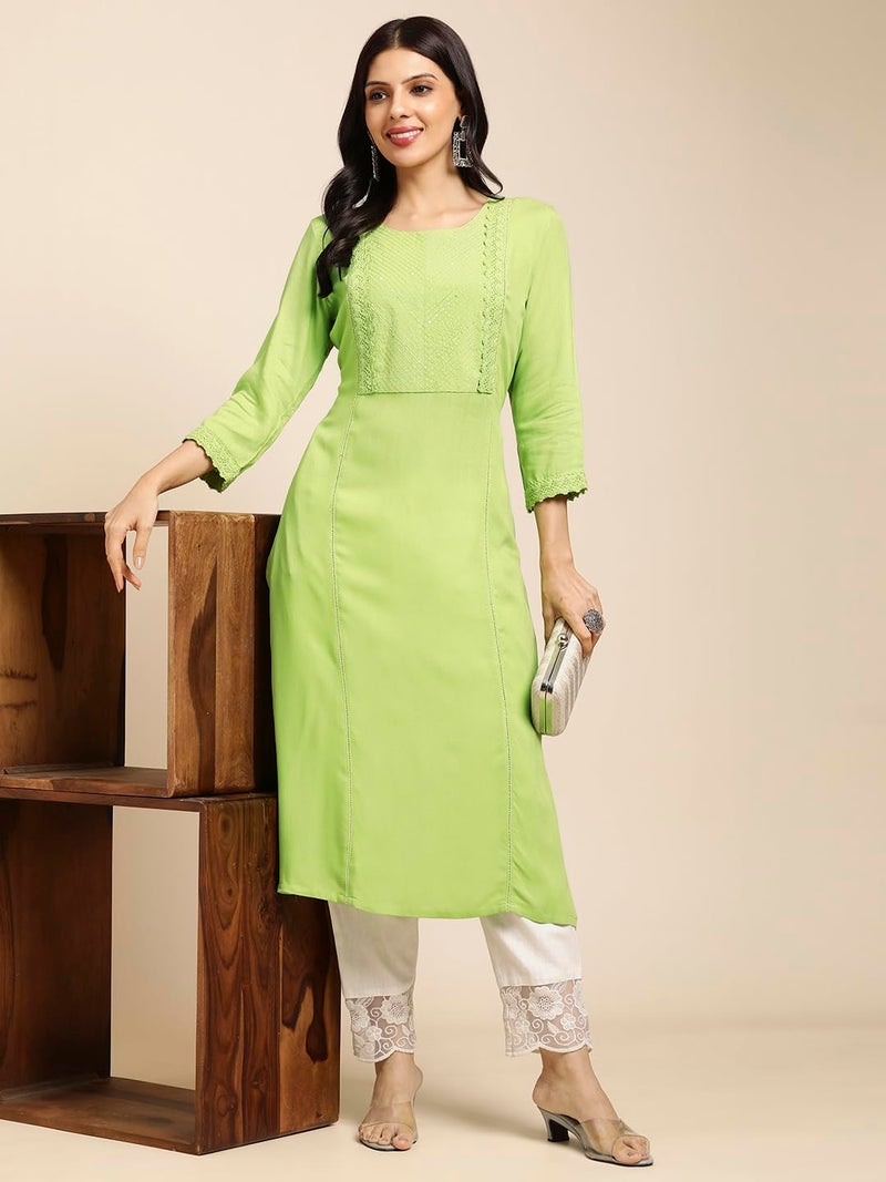 RATAN Women Rayon Straight Fit Sequins Embroidered Ethnic Wear Kurta (STR-1988-M_Light Green) - Image 5