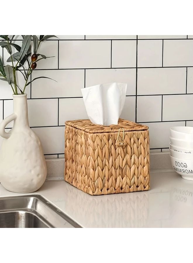 Square Woven Tissue Box Holder Bohemian Style Beige Rattan Organizer For Living Room Bedroom - Image 1