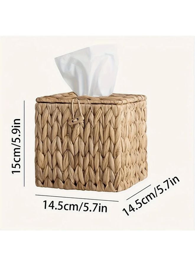 Square Woven Tissue Box Holder Bohemian Style Beige Rattan Organizer For Living Room Bedroom - Image 5