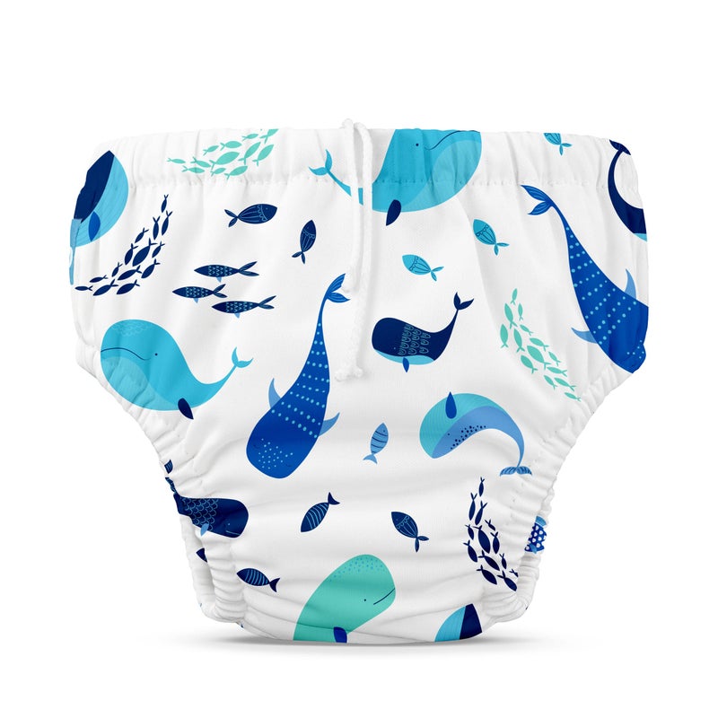 Charlie Banana Reusable Swim Diaper, Washable, Adjustable Drawstring for Baby Girls Boys, Soft and Snug Waterproof Fit to Prevent Leaks - The Whale on White, Size L (22-34 lbs) - Image 1