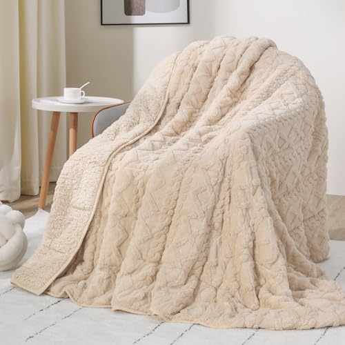 Drewin 20lbs Weighted Blanket for Adults, Dual Sided Cozy Soft Fleece Bed Blanket for Winter, 3D Jacquard Cable Pattern Warm Weighted Blankets with Ceramic Beads, Beige, 60 x 80 inches - Image 1