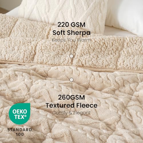 Drewin 20lbs Weighted Blanket for Adults, Dual Sided Cozy Soft Fleece Bed Blanket for Winter, 3D Jacquard Cable Pattern Warm Weighted Blankets with Ceramic Beads, Beige, 60 x 80 inches - Image 3