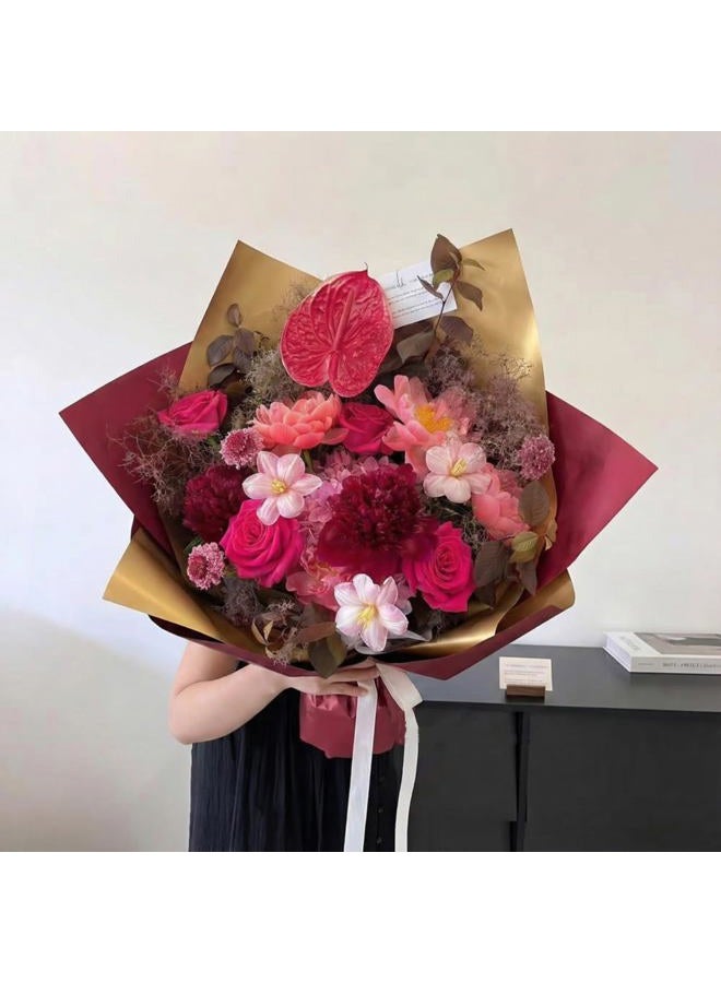 BBJ WRAPS Double Sided Golden Flower Wrapping Paper Waterproof Gift Packaging Florist Bouquet Wraps, 20 Sheets 23.6X23.6 Inch (Red) - Image 3