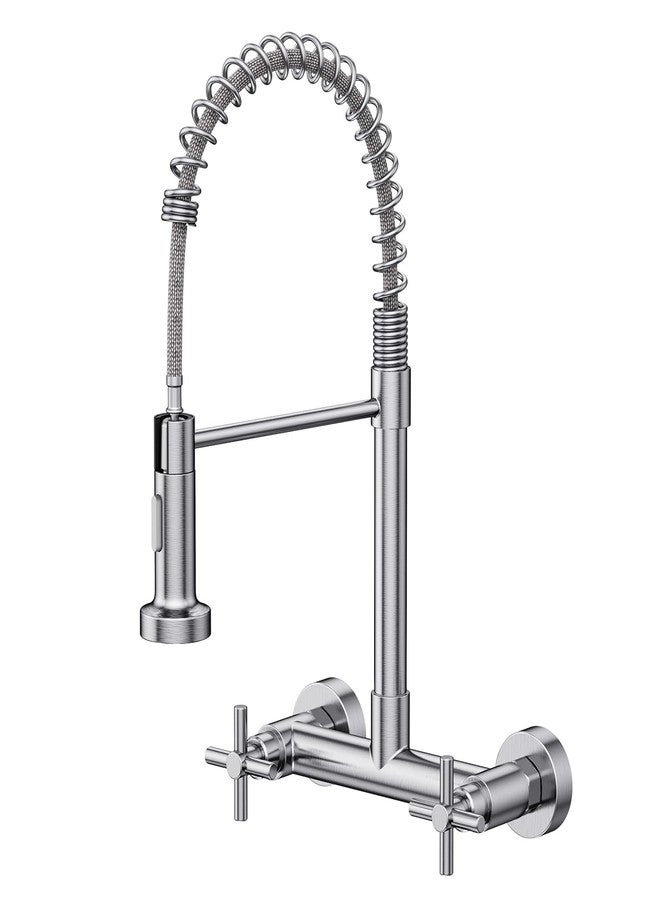 Hurran Wall Mount Kitchen Faucet, Hurran Brushed Nickel Kitchen Sink Faucet, 8 Inch 2 Handle Wall Mount Commercial Sink Faucet with Pull Down Sprayer for Kitchen Laundry Room Restaurant - Image 1