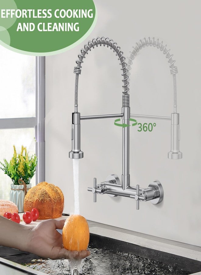 Hurran Wall Mount Kitchen Faucet, Hurran Brushed Nickel Kitchen Sink Faucet, 8 Inch 2 Handle Wall Mount Commercial Sink Faucet with Pull Down Sprayer for Kitchen Laundry Room Restaurant - Image 4