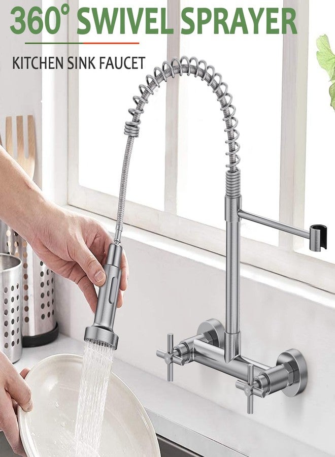 Hurran Wall Mount Kitchen Faucet, Hurran Brushed Nickel Kitchen Sink Faucet, 8 Inch 2 Handle Wall Mount Commercial Sink Faucet with Pull Down Sprayer for Kitchen Laundry Room Restaurant - Image 2