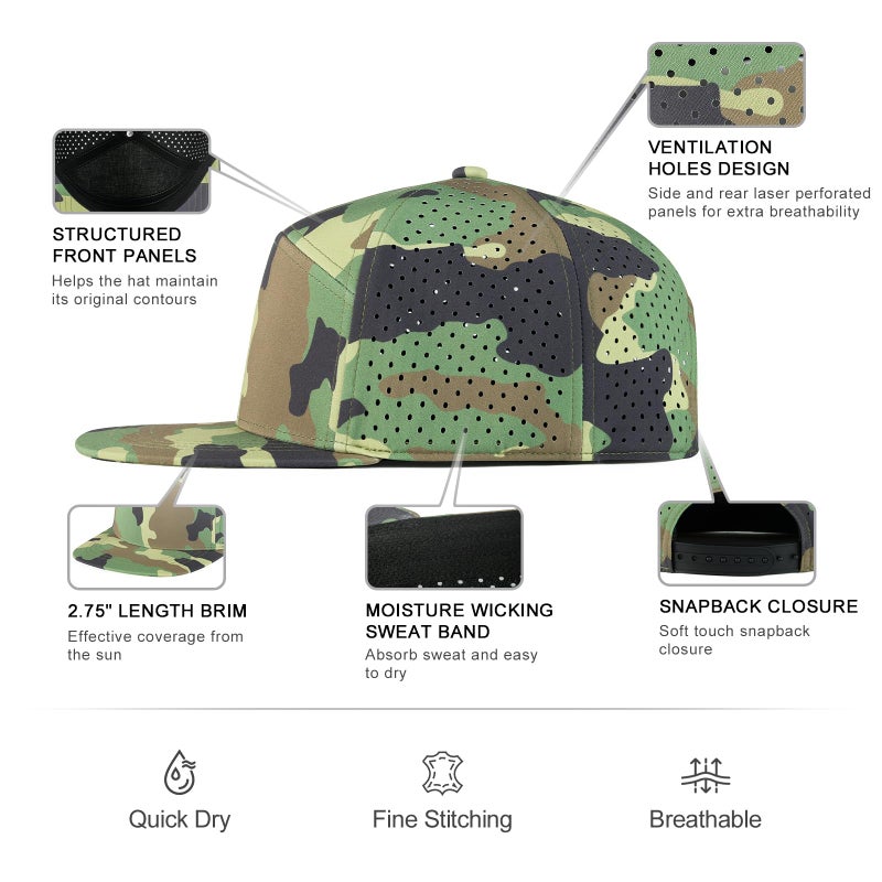 FEINION Men Flat Brim Adjustable Performance Hat Snapback Laser Perforated Baseball Cap (Green Camouflage) - Image 3