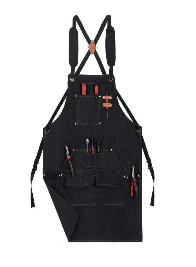 Tosewever Work Aprons for Men with Large Pockets, Canvas Cross Back Heavy Duty Adjustable Tool Aprons for Chef Cooking BBQ (Black) - Image 1