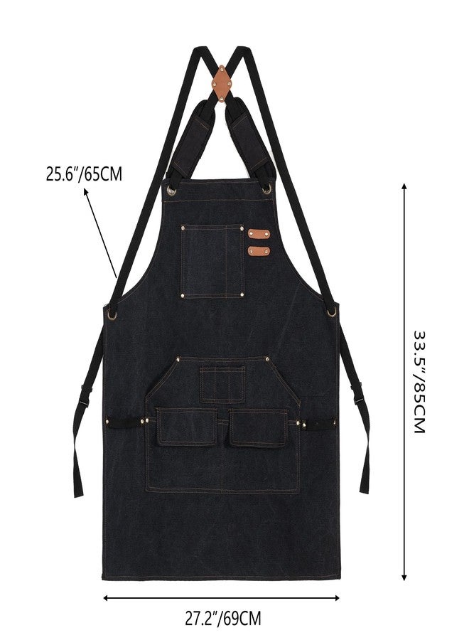 Tosewever Work Aprons for Men with Large Pockets, Canvas Cross Back Heavy Duty Adjustable Tool Aprons for Chef Cooking BBQ (Black) - Image 2