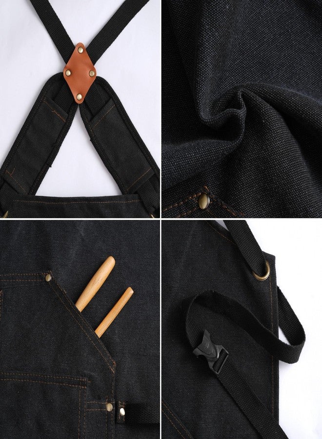 Tosewever Work Aprons for Men with Large Pockets, Canvas Cross Back Heavy Duty Adjustable Tool Aprons for Chef Cooking BBQ (Black) - Image 3