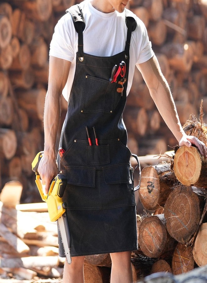 Tosewever Work Aprons for Men with Large Pockets, Canvas Cross Back Heavy Duty Adjustable Tool Aprons for Chef Cooking BBQ (Black) - Image 4