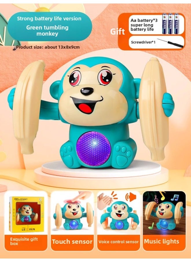 Generic - Children's Roll Monkey Electric Voice-Controlled Luminous Toy Somersault Little Monkey Baby Exercise Head-up Crawl-Color:Battery Model [green-1 Song] Voice-controlled Turning Monkey - Image 1