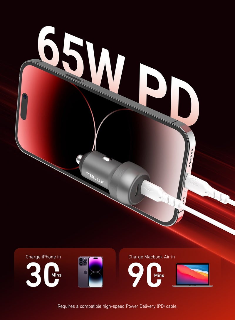 TELUX POWERGO 100W Fast Car Charger, Dual USB-C PD Ports (65W + 35W), Compact Aluminum Alloy Adapter, Blue LED Ring, Smart Chip Protection, for Laptop, Tablet, & Mobile - Image 3