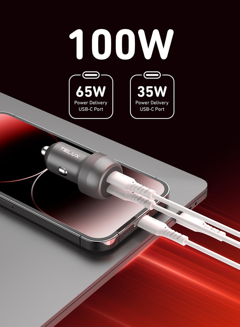 TELUX POWERGO 100W Fast Car Charger, Dual USB-C PD Ports (65W + 35W), Compact Aluminum Alloy Adapter, Blue LED Ring, Smart Chip Protection, for Laptop, Tablet, & Mobile - Image 2