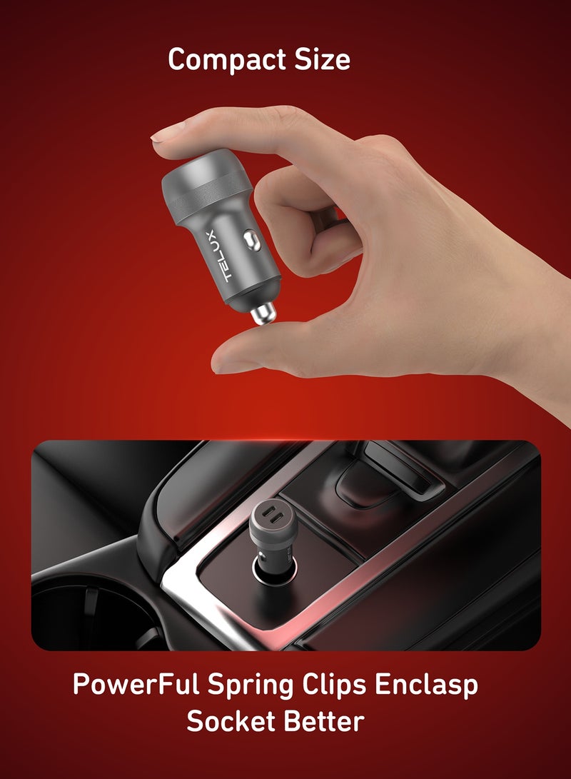 TELUX POWERGO 100W Fast Car Charger, Dual USB-C PD Ports (65W + 35W), Compact Aluminum Alloy Adapter, Blue LED Ring, Smart Chip Protection, for Laptop, Tablet, & Mobile - Image 4