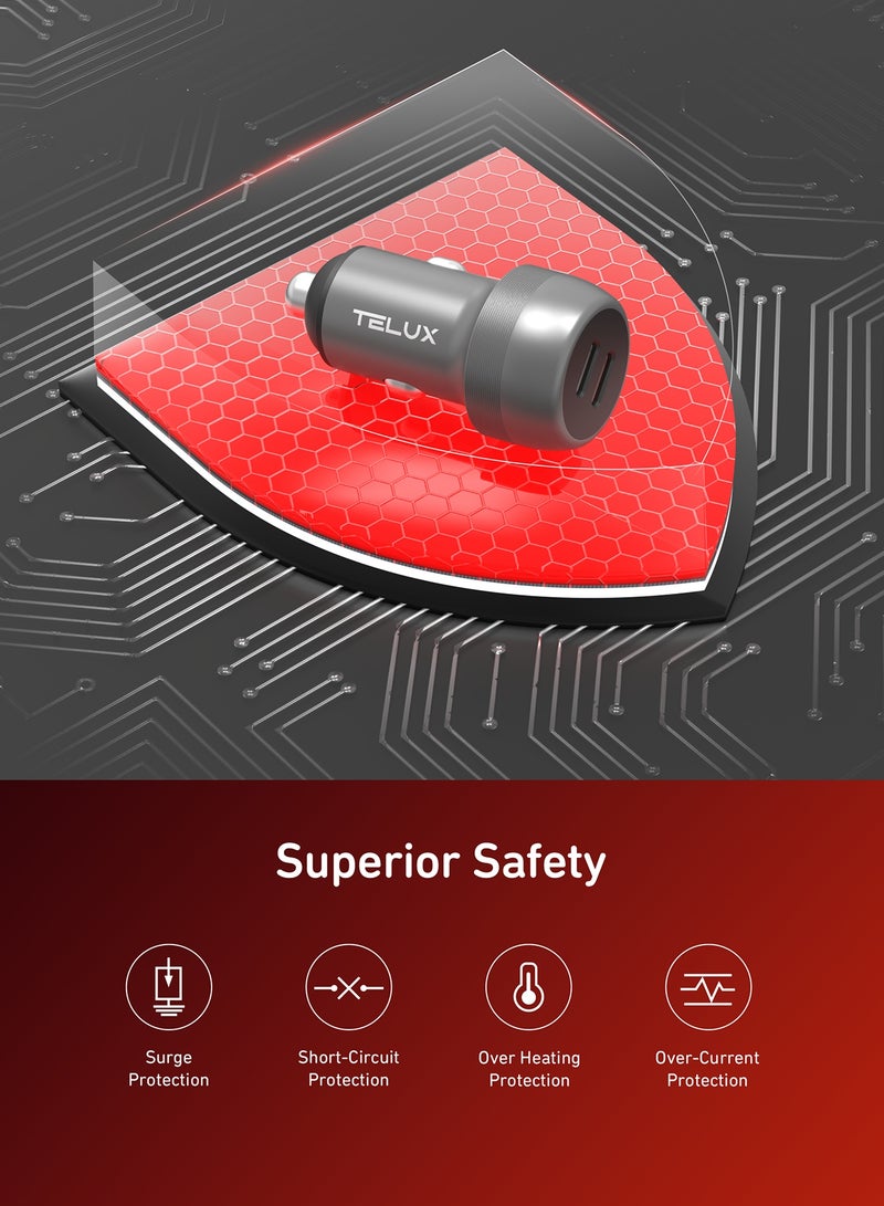 TELUX POWERGO 100W Fast Car Charger, Dual USB-C PD Ports (65W + 35W), Compact Aluminum Alloy Adapter, Blue LED Ring, Smart Chip Protection, for Laptop, Tablet, & Mobile - Image 5