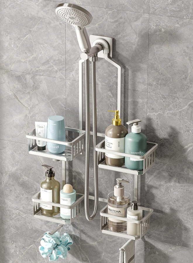 BXINREDA Aluminum Shower Caddy Hanging for Handheld Showerheads, Never Rust Shower Organizer with Hooks Holder Toothbrush Holder，Over Showerhead Caddy for Bathroom - Image 1