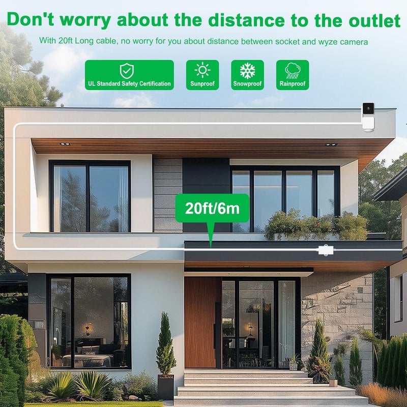 Uogw 20Ft/6m Outdoor Power Adapter Compatible with Wyze Cam V4/V3/V3 Pro/OG,Wyze Cam Pan V3/V2,90Â° Micro USB Extension Cable,Replace The WYZE Plug,Waterproof Flat Power Cable for Your Camera-2Pack - Image 5