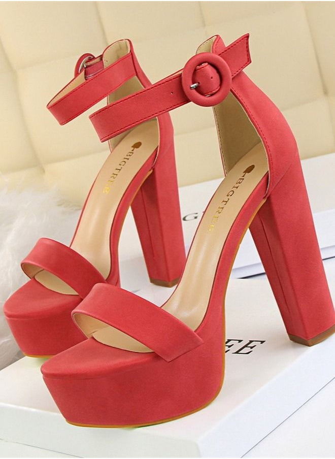 BIGTREE Thick Heel Super Slim Open Toe Belt Buckle High Heel Sandals 13.5CM Red 