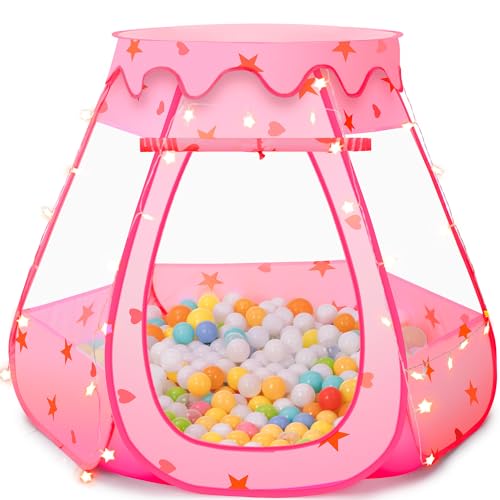 GeerWest Baby Ball Pit for Toddler with Star Lights  Pop Up Princess Play Tent for Kids  Indoor Outdoor Baby Girl Toys Birthday Gifts  NO Balls Pink Tent - Image 1
