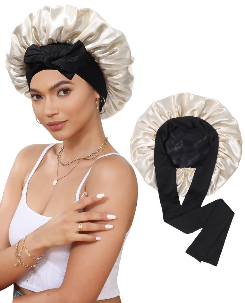 Satin Bonnet Silk Bonnet for Sleeping Silk Sleep Cap Double Layer Hair Bonnet with Elastic Tie Band for Curly Hair Night Cap Black  Champagne