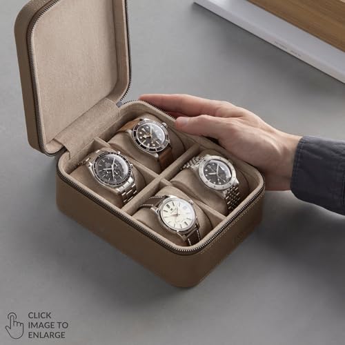 TAWBURY Watch Case 4 Slot Genuine TopGrain Leather Watch Box for Men Women with Extra Wide Pillows for Large Watches Portable Wristwatch Storage for Home Travel Taupe - Image 3