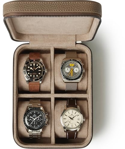 TAWBURY Watch Case 4 Slot Genuine TopGrain Leather Watch Box for Men Women with Extra Wide Pillows for Large Watches Portable Wristwatch Storage for Home Travel Taupe - Image 1