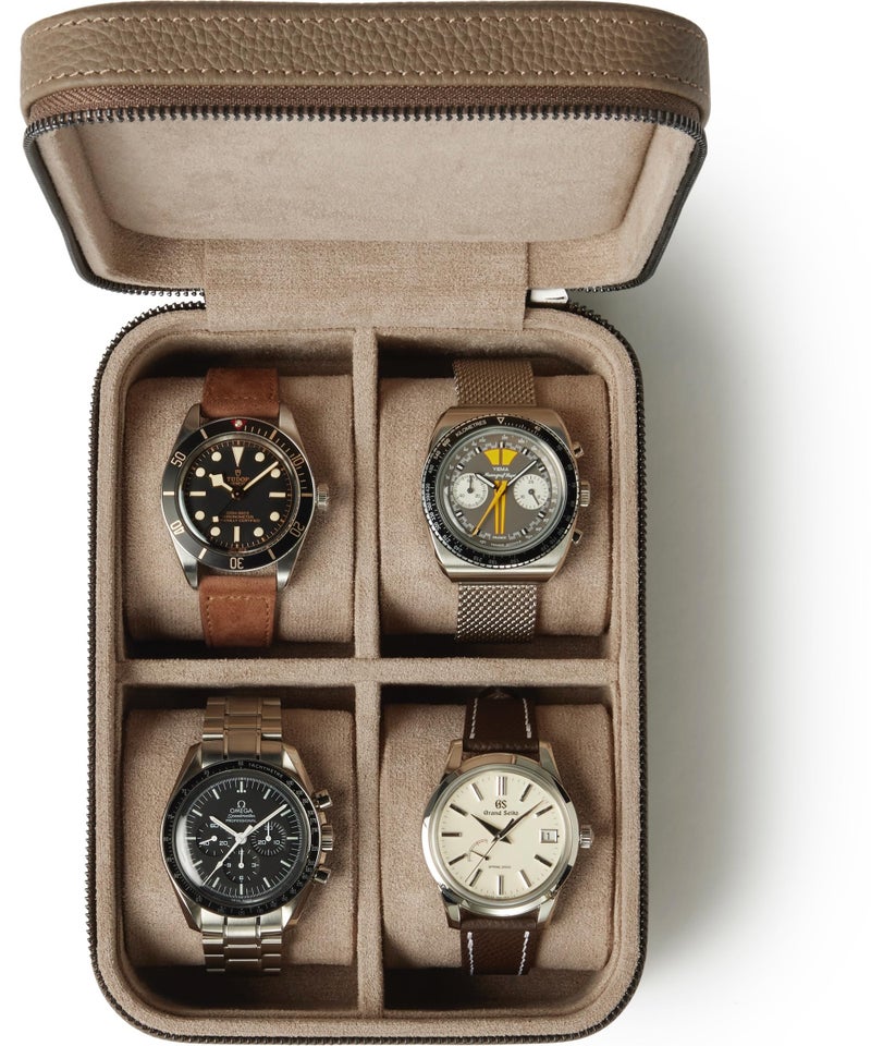 TAWBURY Watch Case 4 Slot Genuine TopGrain Leather Watch Box for Men Women with Extra Wide Pillows for Large Watches Portable Wristwatch Storage for Home Travel Taupe - Image 2