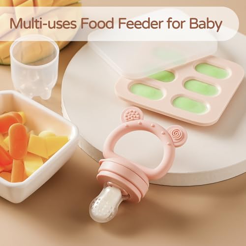 POIKSHARK 2 Pack Silicone Baby Fruit Feeder with Mini Freezer Tray, Breastmilk Popsicle Molds for Baby Teething Relief, Baby Teethers, Fresh Food Feeder for Safe Infant Self Feeding, Extra Food Pouches - Pink - Image 4