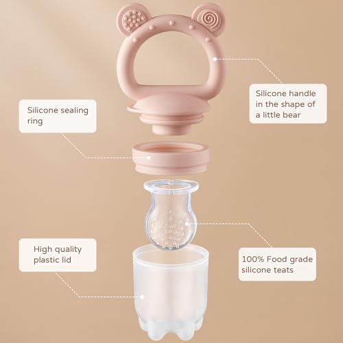 POIKSHARK 2 Pack Silicone Baby Fruit Feeder with Mini Freezer Tray, Breastmilk Popsicle Molds for Baby Teething Relief, Baby Teethers, Fresh Food Feeder for Safe Infant Self Feeding, Extra Food Pouches - Pink - Image 2