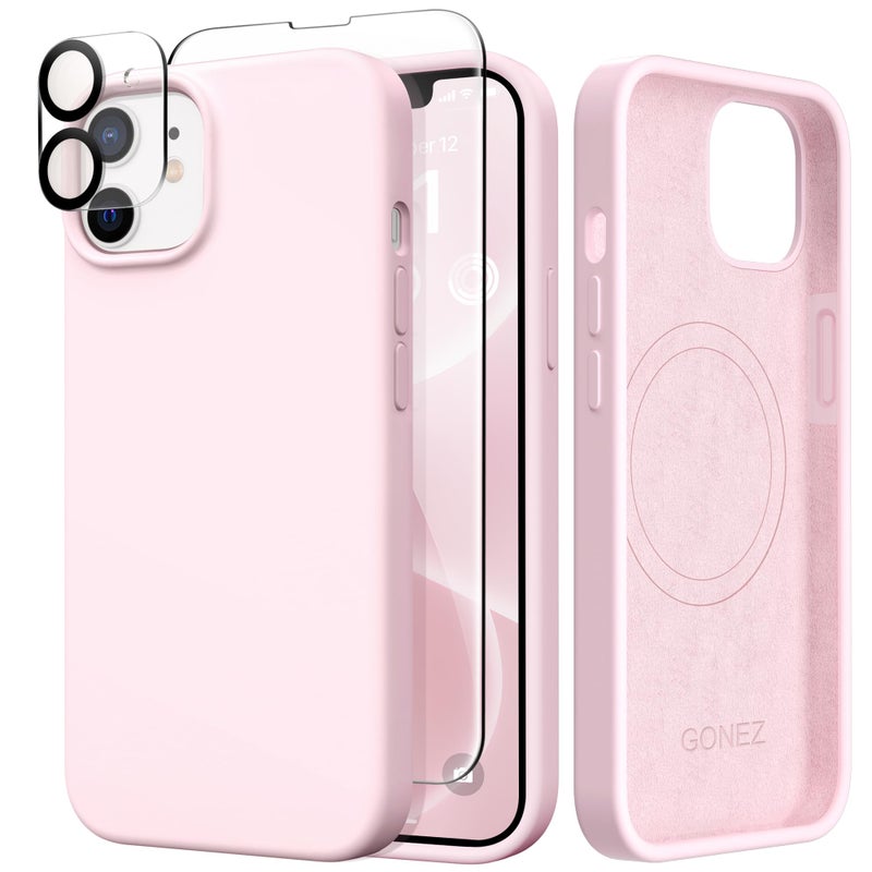 GONEZ Magnetic for iPhone 12 Case / 12 Pro Case, Compatible with MagSafe, [Screen Protector + Camera Lens Protector], Silicone Shockproof Anti-Scratch Protective Phone Case 6.1 inch, Chalk Pink - Image 1