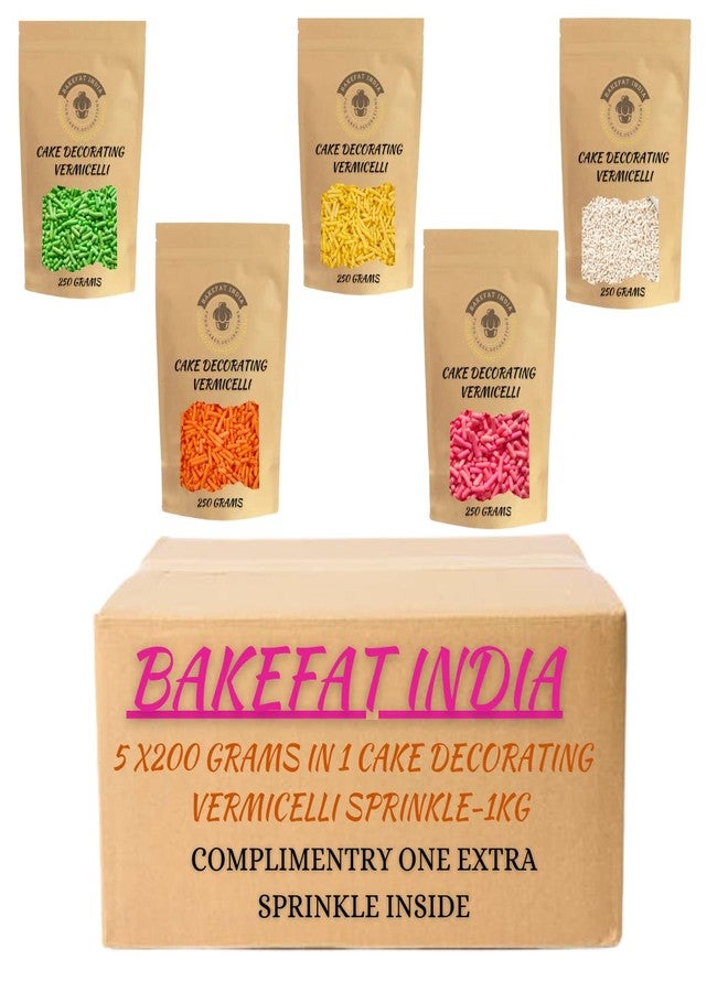 Aromatic Bakefat India 5 in 1 Colourful & Flavoured Decorating Vermicelli 1kg(200gmx5)(Lime,Pineapple,Strawberry,Orange,Banana) - Image 1