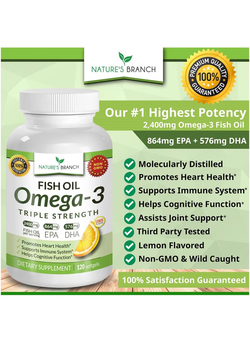 Nature's Branch - Best Triple Strength Omega 3 Fish Oil Pills 2500 Mg 864 Mg Epa 576 Mg 120 Capsules - Image 1
