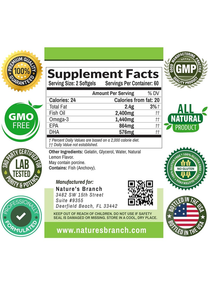 Nature's Branch - Best Triple Strength Omega 3 Fish Oil Pills 2500 Mg 864 Mg Epa 576 Mg 120 Capsules - Image 1