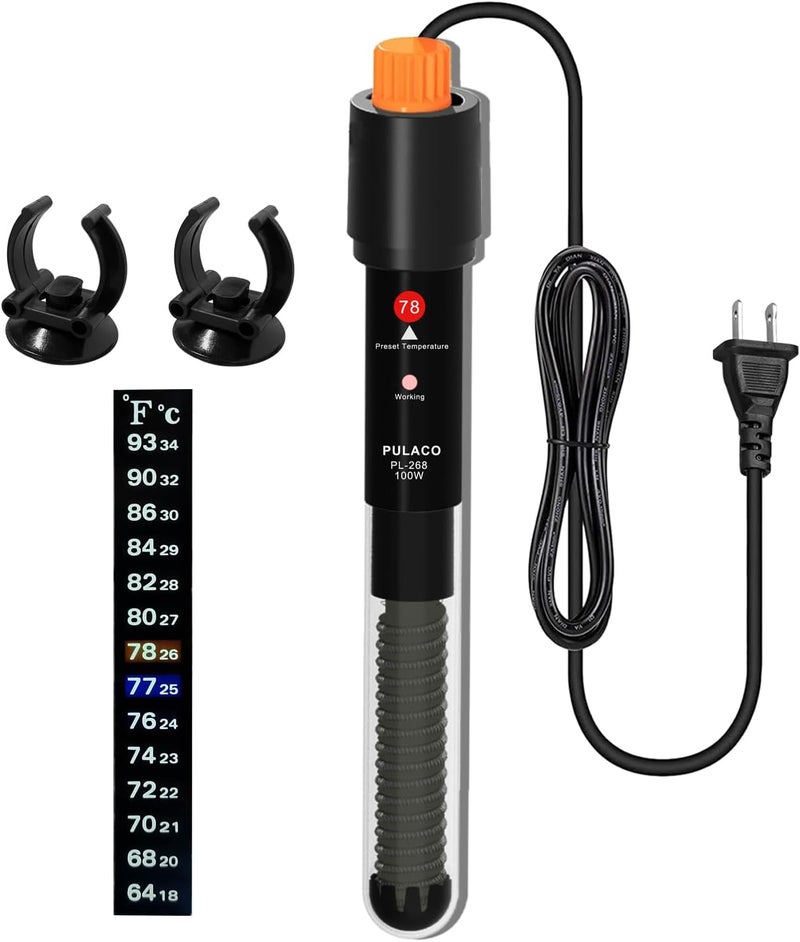 PULACO 100Watt Aquarium Heater for 10-20 Gallon Fish Tank, Adjustable Submersible Heater Thermostat with Thermometer Strip and Suction Cup - Image 1
