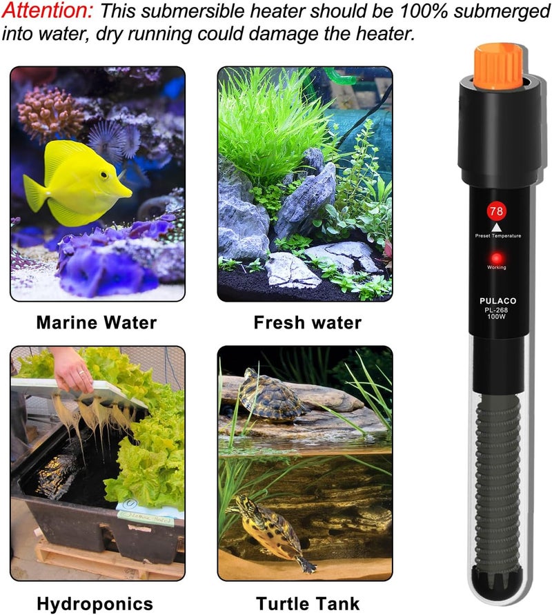 PULACO 100Watt Aquarium Heater for 10-20 Gallon Fish Tank, Adjustable Submersible Heater Thermostat with Thermometer Strip and Suction Cup - Image 4