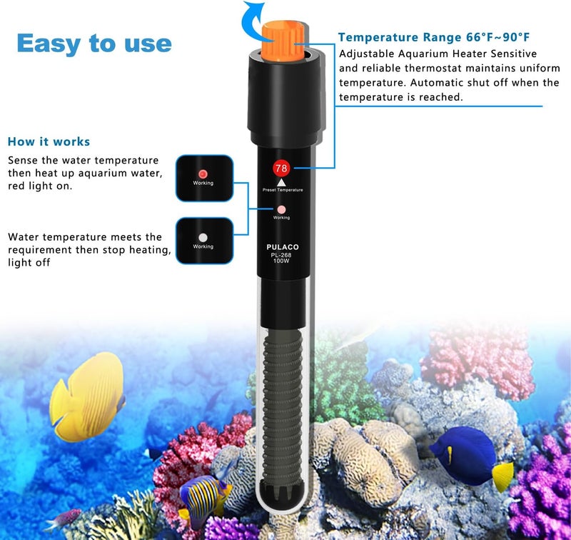 PULACO 100Watt Aquarium Heater for 10-20 Gallon Fish Tank, Adjustable Submersible Heater Thermostat with Thermometer Strip and Suction Cup - Image 3