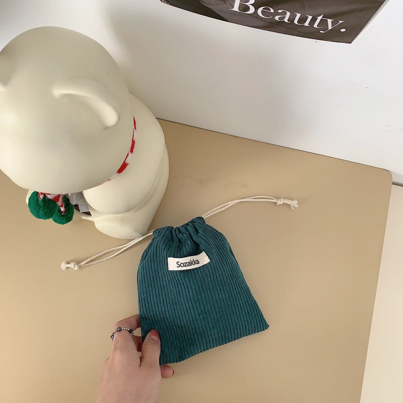 Corduroy Pouch Drawstring Makeup Bag for Women Dark green 