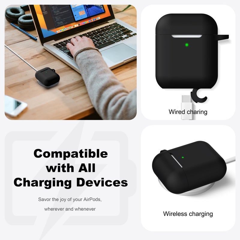 R-fun Compatible with AirPods Case Cover, Soft Silicone Protective Cover with Keychain for Women Men Compatible with Apple AirPods 2nd 1st Generation Charging Case, Front LED Visible,Black - Image 4