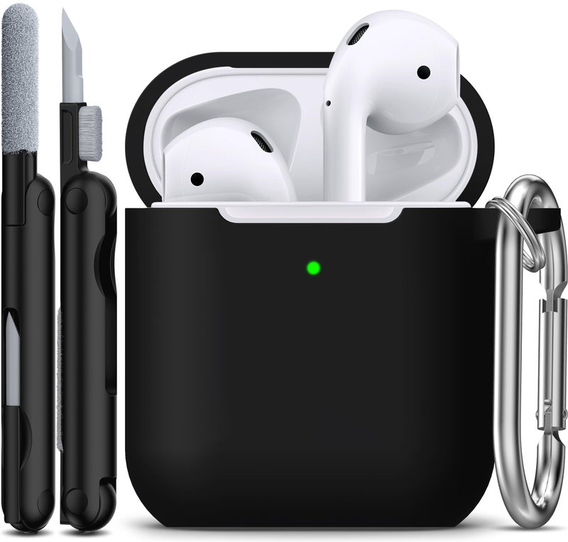 R-fun Compatible with AirPods Case Cover, Soft Silicone Protective Cover with Keychain for Women Men Compatible with Apple AirPods 2nd 1st Generation Charging Case, Front LED Visible,Black - Image 1