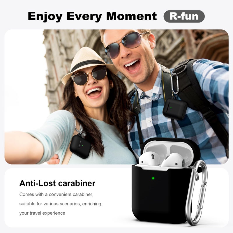 R-fun Compatible with AirPods Case Cover, Soft Silicone Protective Cover with Keychain for Women Men Compatible with Apple AirPods 2nd 1st Generation Charging Case, Front LED Visible,Black - Image 2
