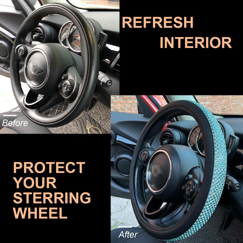 PINCTROT Bling Bling Comfy Steering Wheel Cover with Jumbo Crystal Rhinestones, Anti-Slip Diamond Leather, Universal 15 Inch (Sky Blue) - Image 4