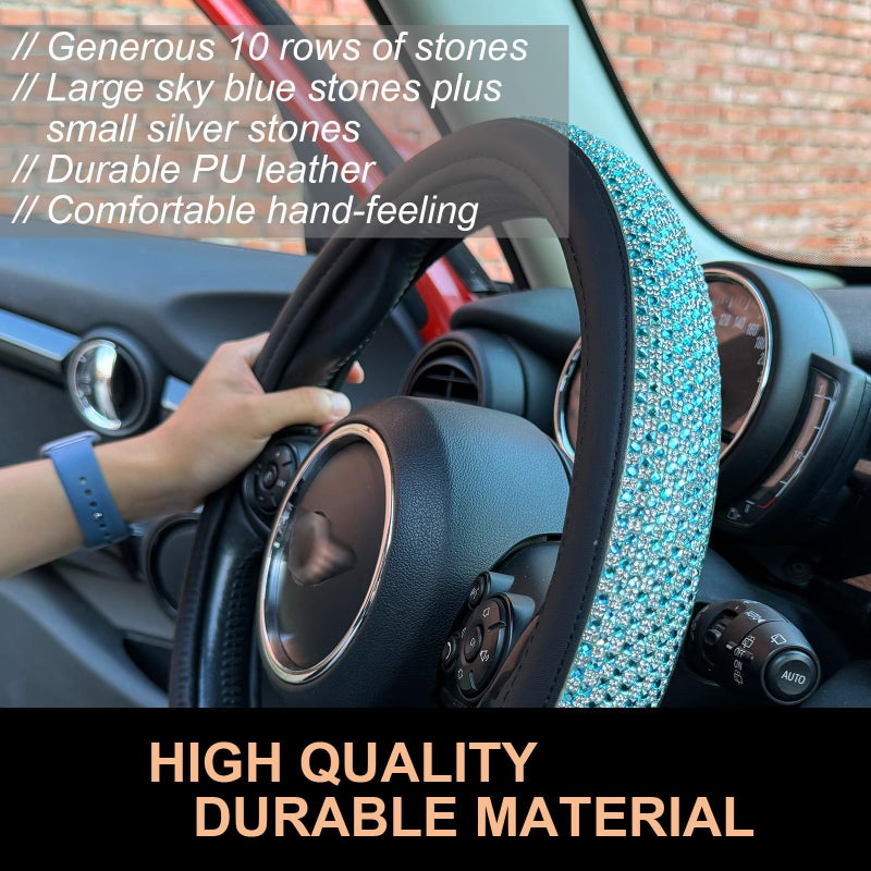 PINCTROT Bling Bling Comfy Steering Wheel Cover with Jumbo Crystal Rhinestones, Anti-Slip Diamond Leather, Universal 15 Inch (Sky Blue) - Image 3