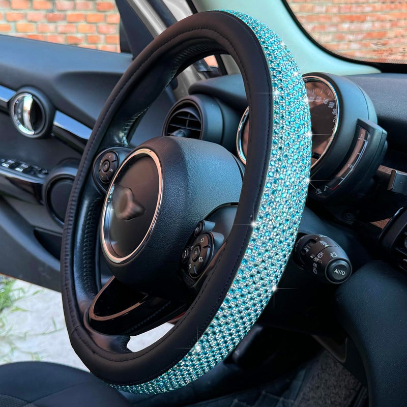 PINCTROT Bling Bling Comfy Steering Wheel Cover with Jumbo Crystal Rhinestones, Anti-Slip Diamond Leather, Universal 15 Inch (Sky Blue) - Image 1
