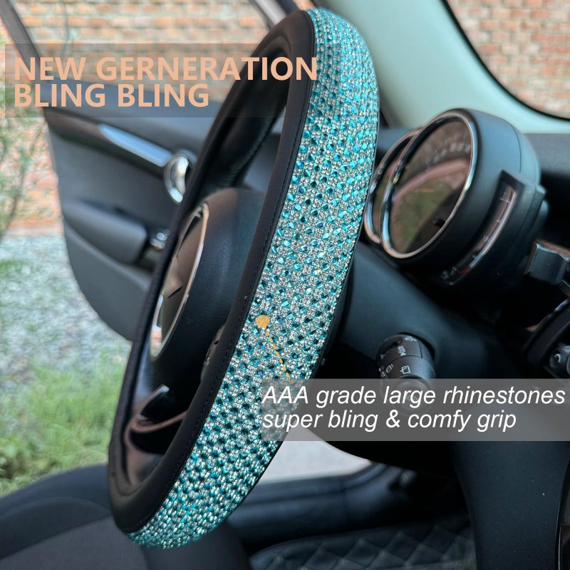 PINCTROT Bling Bling Comfy Steering Wheel Cover with Jumbo Crystal Rhinestones, Anti-Slip Diamond Leather, Universal 15 Inch (Sky Blue) - Image 2