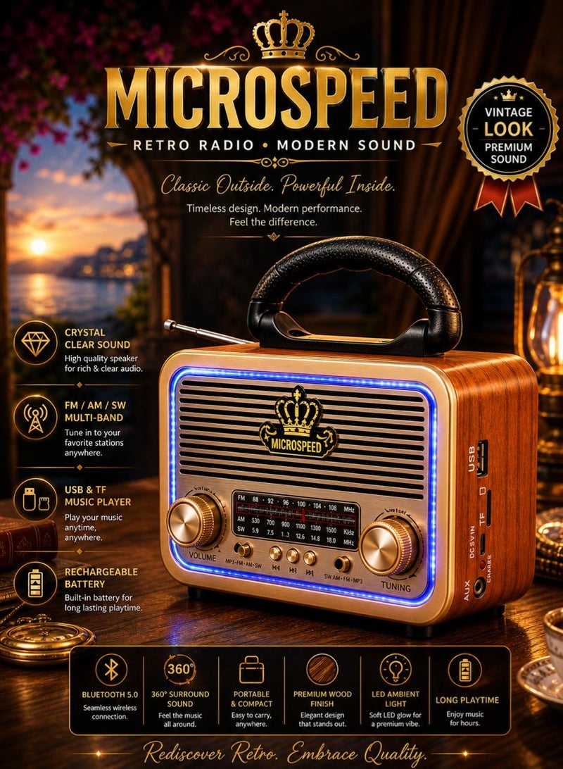 الذاكرة السريعة راديو هاي فاي، 3 نطاقات FM/AM، مشغل USB/TF/BT، مكبر صوت هاي فاي ببطارية قابلة لإعادة الشحن ((بني فاتح)) - Image 2