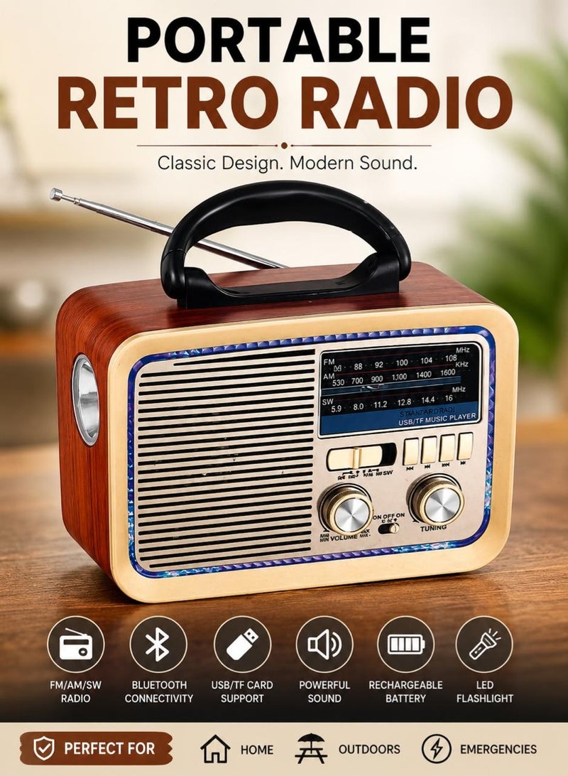 Hi-Fi Radio, FM/AM 3 Band, USB/TF/BT Player, Rechargeable Battery Hi-Fi Speaker ((Light Brown))
