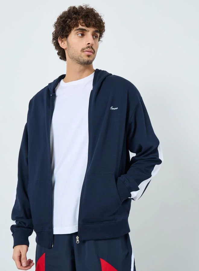 Styli Navy Blue Embroidered Zip-Up Hoodie