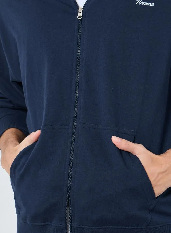 Styli Navy Blue Embroidered Zip-Up Hoodie